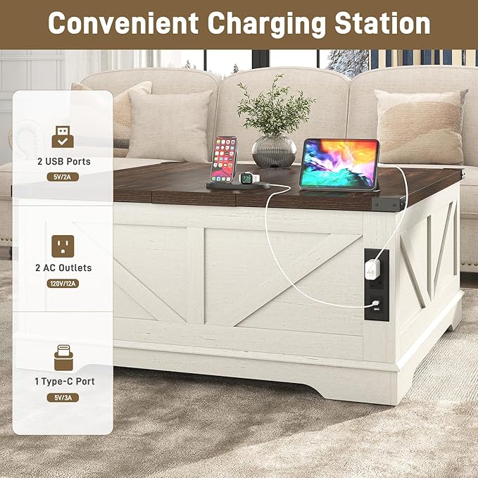 Hlivelood 40” Large Farmhouse Lift Top Coffee Table with Power Outlets and Large Hidden Storage, Square Wood Living Room Tables, Multi-Function Lift Wooden Barn Door Center Table, Rustic White