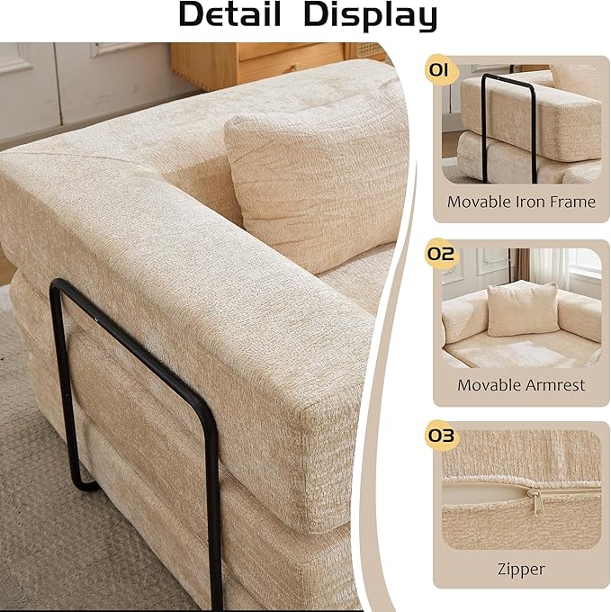 6-in-1 Folding Convertible Sofa Bed, 118 Inch Boneless Couch with Fixed-Shape Frame, Chenille Sleeper Sofa with Pull Out Bed, Floor Sofa Modular Futon Couches for Living Room Bedroom Lounge (Beige)