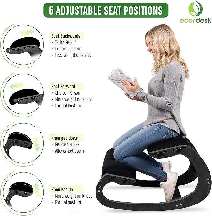Ecordesk Ergonomic Kneeling Chair, Adjustable Seat - Office Chair for Desk, Posture Corrector, Premium Comfort Cushion, Wooden Rocking Knee Chair (Black Frame)