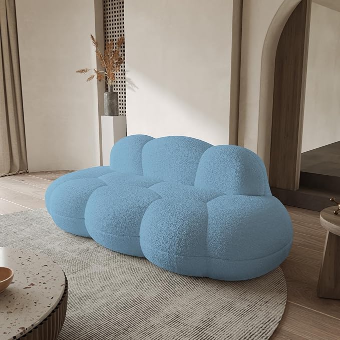 WJShome 90" Boucle Sofa, Modern Curved Upholstered Cloud Couch, Deep Seat LoveSeat 3 Seater Sofa, Cozy Modern Boneless Sherpa Fleece Couches for Living Room, Bedroom, Apartment (Blue)