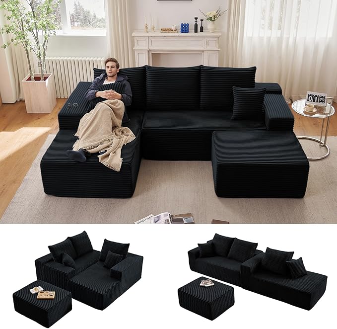 107" W Cloud Sectional Couch with Ottoman,Modern U-Shaped Cloud Couch with Deep Seat,Comfy Corduroy 3-Seater Sofa,Memory Foam Sofa for Living Room,No Assembly (Black,Left-Facing Chaise)