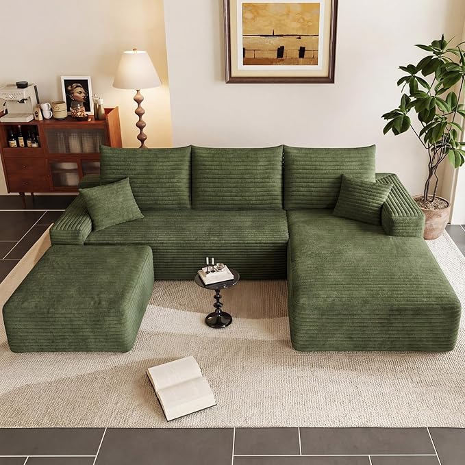 95" Cloud Sectional Couch with Ottoman,Modern U-Shaped Cloud Couch with Deep Seat,Comfy Corduroy 3-Seater Sofa,Memory Foam Sofa for Living Room,No Assembly (Green,Right-Facing Chaise)