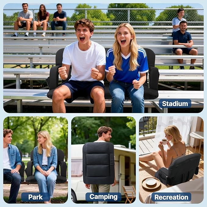 DEKEMASTER Stadium Seats with Back Support, Exclusive Sofa Style Design 23inch Wide Bleacher Chairs with Extra Thick Back and Cushion, 6 Reclining Positions for Sport Events Camping