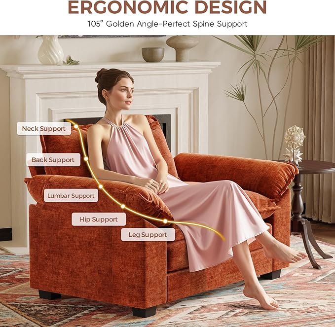 HUSFU 49.5'' W Oversized Accent Chair, Chenille Cloud Sofa Chair with Deep Seat and Extra Wide Armrests, Comfy Reading Armchair for Bedroom, Living Room, Set of 2, Terracotta Orange