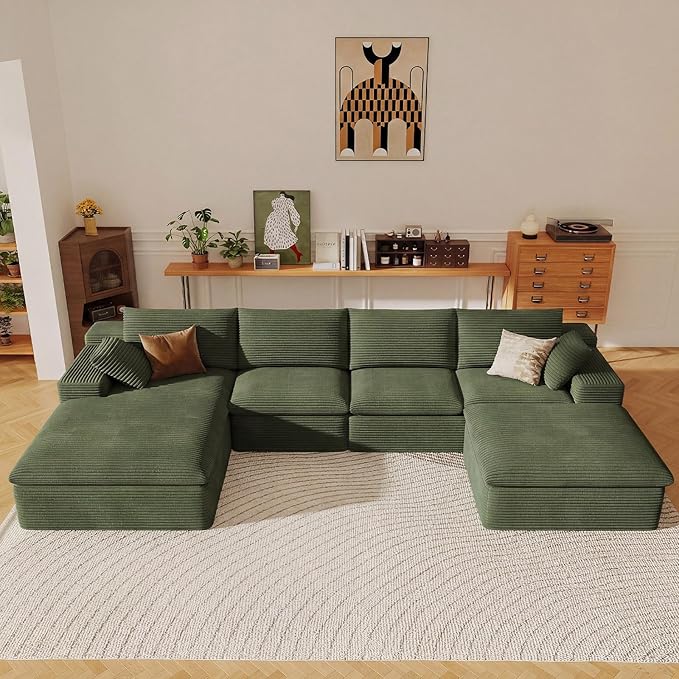 136" Cloud Sectional Couch with U-Shaped Chaise,Corduroy Viral Boneless Sofa with Ottoman,Memory Foam Couches in a Box with Deep Seat for Living Room,No Assembly Required (Green,Left-Facing Chaise)