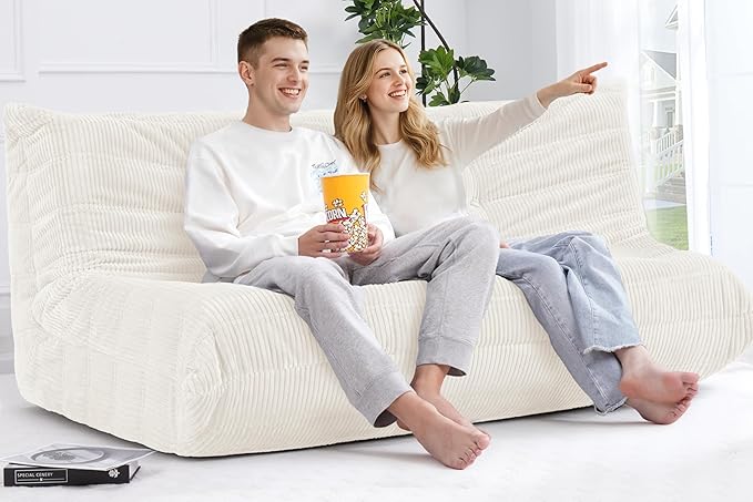 Bean Bag Chair,Giant Beanbag Chairs for Adults,Comfy Large Fireside Chair Lazy Sofa,Corduroy Bean Bag Lounger with Memory Foam Filled,Floor Sofa Couch for Home,Living Room (Beige, 3-Seater)