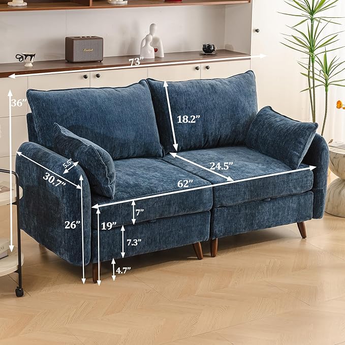 Rexulqo 73'' Loveseat Sofa with All Seats Storage, Modular Sectional Couch with Deep Seat,Oversized Comfy Couch with 7.8'' Cushion,Large Sofa for Living Room,Bedroom,Velet,Blue