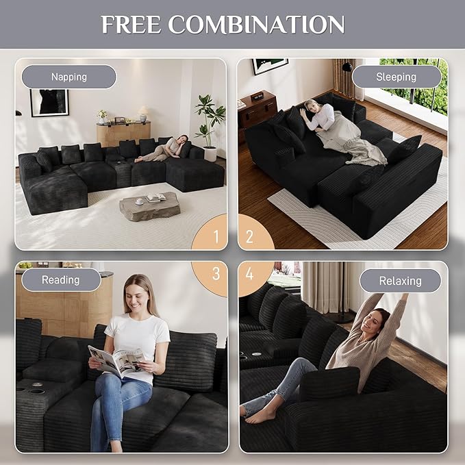 Modular Sectional Sofa with USB Cup Holders Storage, 143" U Shaped Cloud Couch Plush Corduroy Deep Seat Boneless Sofas with Double Chaise Lounge Sectional Couches Memory Foam for Living Room - Black