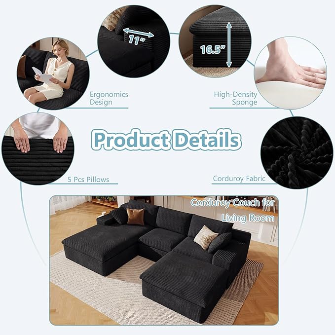 107" Cloud Sectional Couch with U-Shaped Chaise,Corduroy Viral Boneless Sofa with Ottoman,Memory Foam Couches in a Box with Deep Seat for Living Room,No Assembly Required (Black,Left-Facing Chaise)