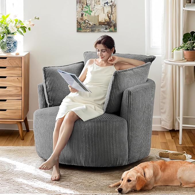 Chorlenimi Swivel Accent Chair Round Barrel Armchair Upholstered Living Room Chair Corduroy Reading Chair Single Sofa Chair for Bedroom Apartment Office (Grey, Standard 1Seater)