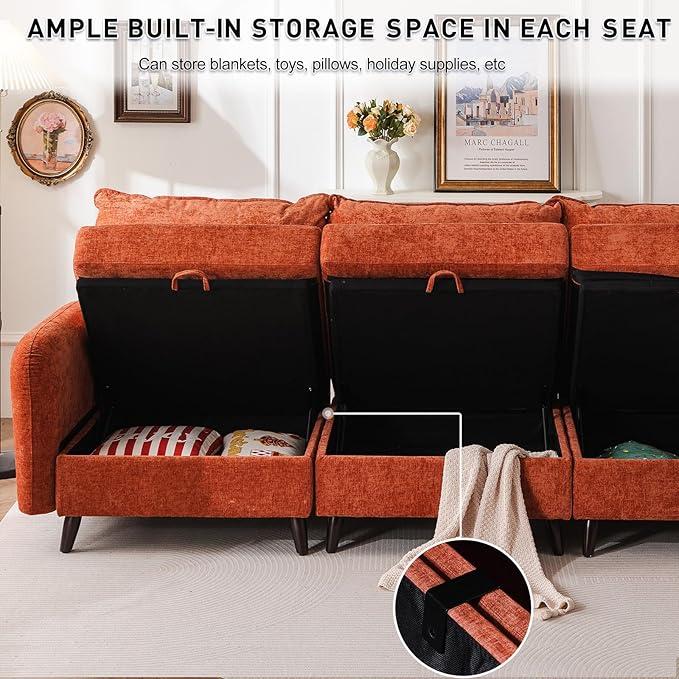 Rexulqo 135'' Modular Sectional Sofa with Storage Seat,Oversized L Shaped Couch,6 Seater Couches for Living Room,Bedroom,Velet,Orange