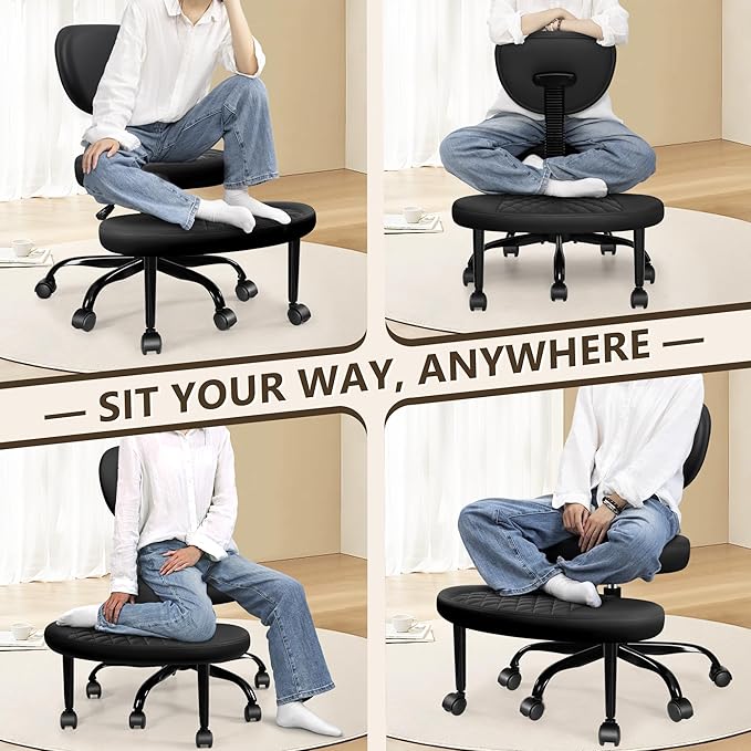Ergonomic Cross Legged Office Chair with Wheels - Adjustable Height for Meditation, ADHD Desk & Yoga - Wide Criss Cross Design with Lumbar Support, Kneeling Chair - Black