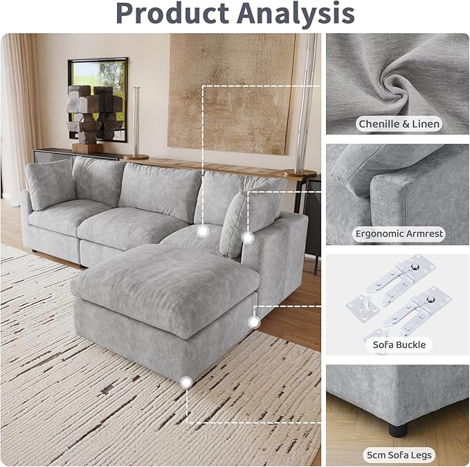 WJShome Cloud Couch Modular Sectional Sofa,100.5" V Shaped Couch, Convertible Wide Seater with Ottoman, 6 Seater for Living Room Set,Covers Washable&Replaceable,Gray