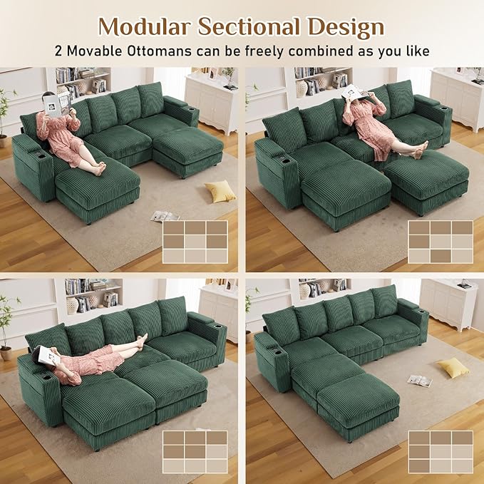 110" W x 60" D U Shape Sectional Sofa with USB Charging & Cup Holder & Storage, 5 Seater Plush Corduroy Couches with Movable Ottoman, Cloud Couch Sofas for Living Room, DIY Combination - Green