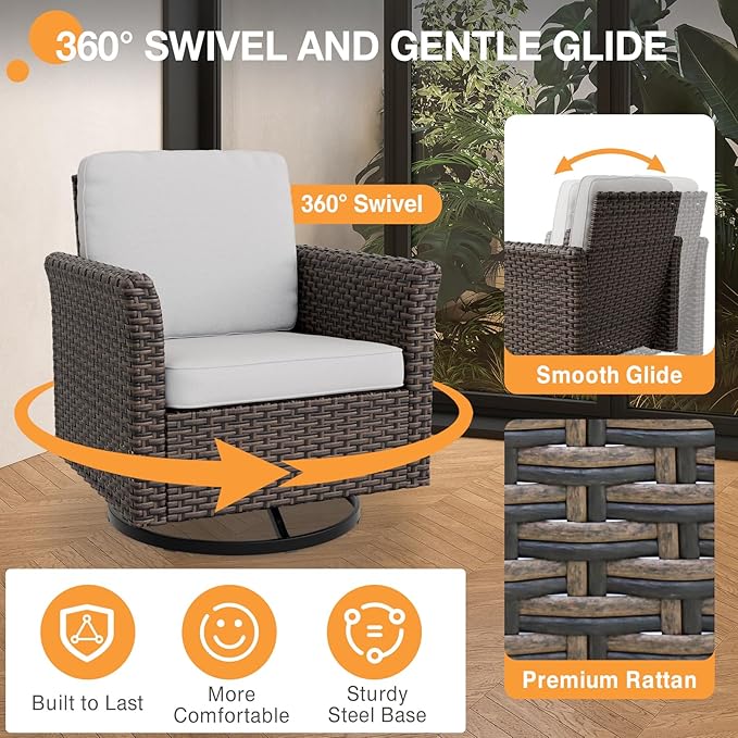 COOS BAY Harbor Retreat 8 Piece Outdoor Furniture Set, Patio Conversation Set with 4 Swivel Rocking Chairs, 3 Seat Couch, Side Table & Ottomans, Wicker Furniture, Brown/Beige