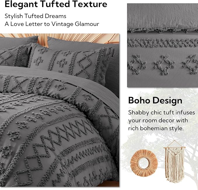 MR&HM King Size Comforter Set Dark Grey, 7 Pieces Tufted Boho Beddding Sets, Farmhouse Style Bed in a Bag with 1 Comforter, 2 Pillow Shams, 2 Pillowcases, 1 Flat Sheet, 1 Fitted Sheet
