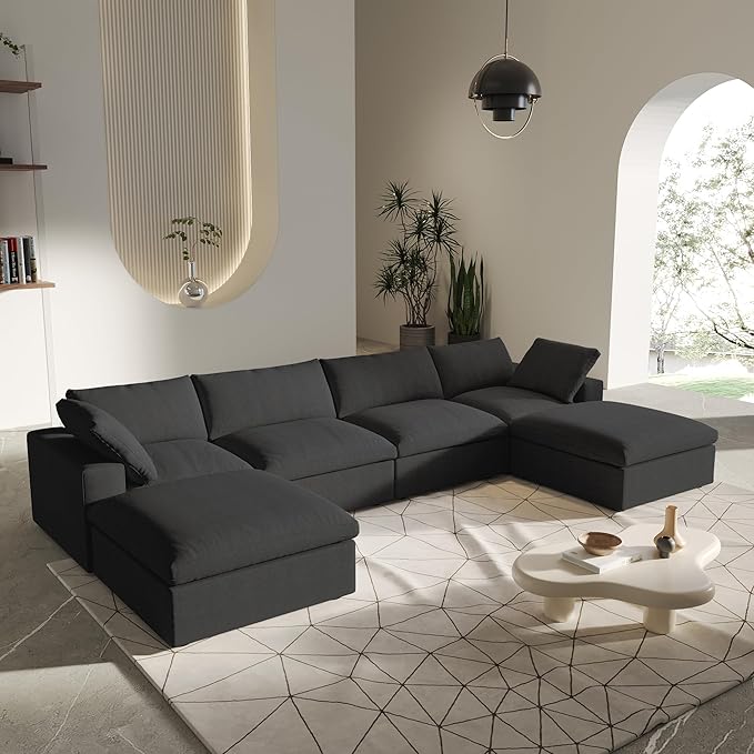 U-Shaped Cloud Sectional Couch, Oversize Modular Sofa, Modern Comfy Cloud Sofa with Storage Ottomans, Covers Removable, Convertible Sleeper Couch for Living Room Apartment (Black, Linen Fabric)