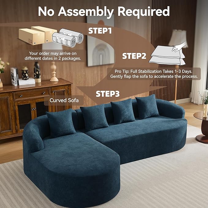 105.5" Boneless Curved Couch, L Shaped 4-Seater Cloud Couch with Deep Seat Chaise, Oversized Curved Sofa, Chenille Modular Sectional Couches for Living Room, No Assembly, Blue