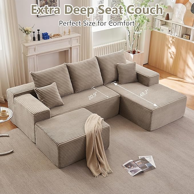 Lakifun 107" U-Shape Cloud Couch, Modern Modular Sectional Comfy L-Shape Sofa with Ottoman, Deep Seat, Upholstered Corduroy Sleeper Chaise Longue for Living Room Bedroom, No Assembly Required, Camel