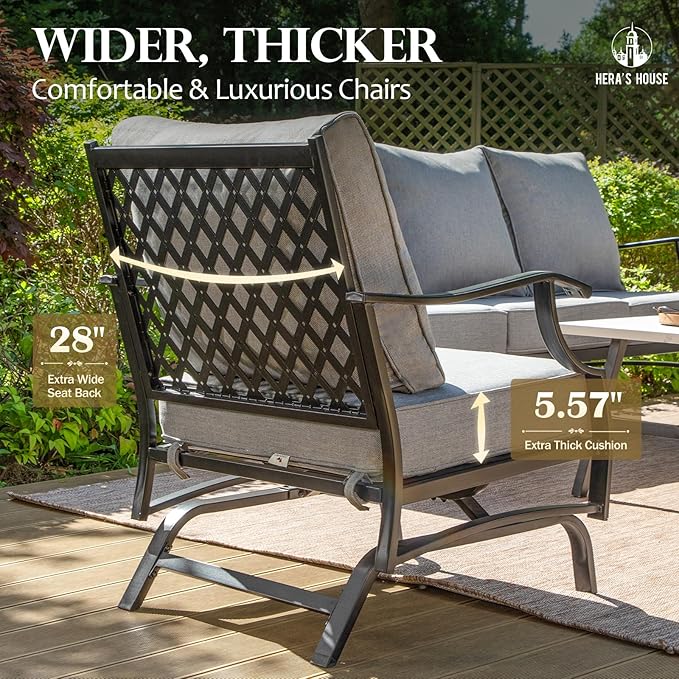 HERA'S HOUSE Outdoor Chairs Set of 2, 2 x Patio Chair with Grey Cushions, All Weather Outdoor Furniture for Lawn Garden Backyard Deck(Rocking Chairs)