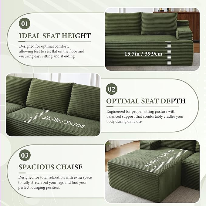 96" Sectional Couches for Living Room Cloud Couch Sofa with L-Shape Upholstered Boneless Couchs Modern Modular Sectional Couch with Chaise (Green, 96" W+Left Facing Chaise+2Seaters)