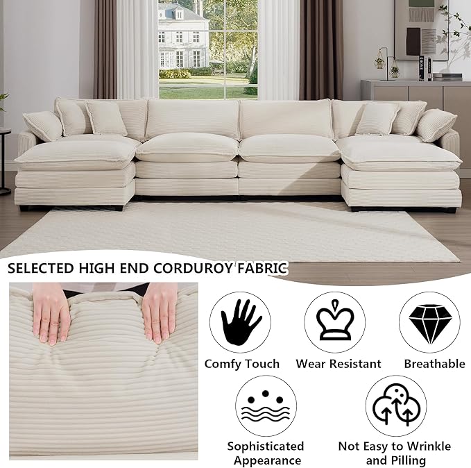 Aoowow Corduroy 4 Seater Couch with Ottomans,Modern Large Cloud Couches for Living Room,U Shaped Modular Sectional Cloud Sofas Deep Seat,U Shape Oversized Tufted Sofa Set (Beige, 4 Seater + 2 Ottoman)