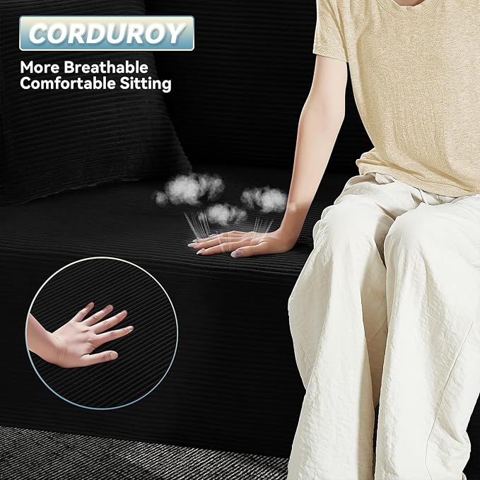 GJQ 83" Boneless Couches for Living Room,Corduroy 3 Seater Couch in a Box with 4 Pillows & Storage Pocket,Convertible Sleeper Sofa Bed Compressed Floor Sofa,Black