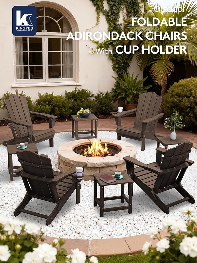 KINGYES Folding Adirondack Chair Set of 4, HDPE All-Weather Folding Adirondack Chair, Coffee