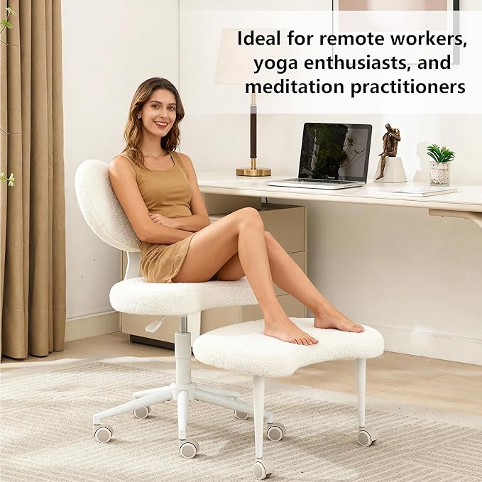 Meditation Chair with Lumbar Support,360° Swivel Cross Legged Chair with Wheels, Ergonomic Cross Legged Office Chair for Adults with ADHD, Height-Adjustable Yoga Chair, Teddy Fabric, Ivory