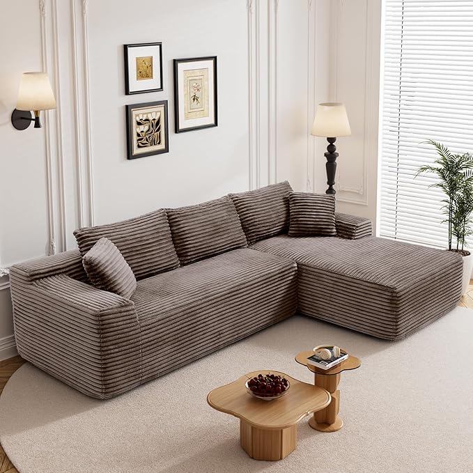 95" Boneless Cloud Sectional Couches for Living Room, Comfy Fluffy L Shaped Memory Foam Deep Seat Boneless Couch, Modular Sectional Sofa with Right Facing Chaise, Brown