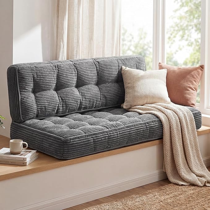 Vercraft 63 Inch Folding Bench Cushion, 4 Inch Thick 2-in-1 Convertible Long Floor Lounger Boneless Cushions Couch Mattress Upholstered for Yoga, Reading, Sleeping, Meditation Living Room(Dark Grey)