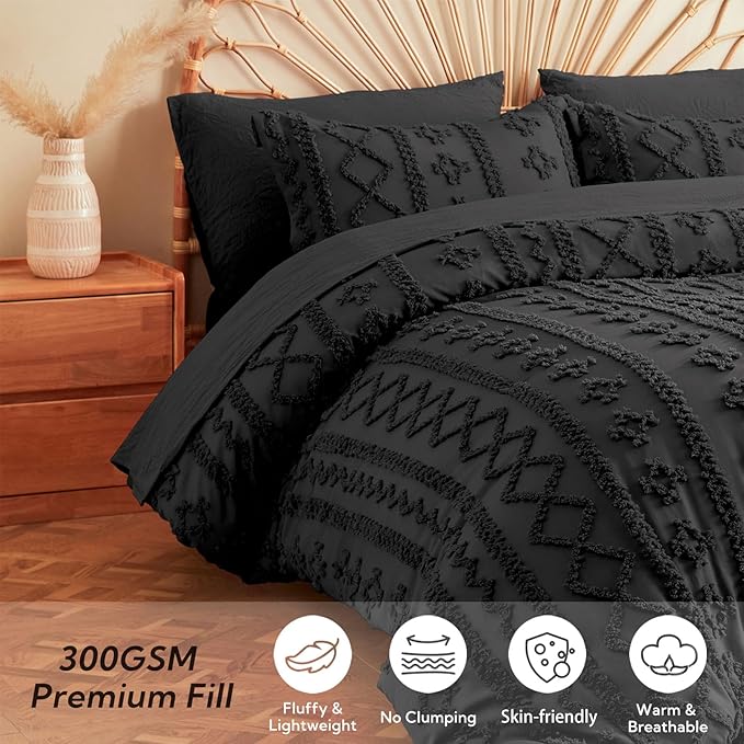 MR&HM Full Size Bed Sheets and Comforter Set Black, 7 Pieces Tufted Boho Beddding Sets, Farmhouse Style Bed in a Bag with 1 Comforter, 2 Pillow Shams, 2 Pillowcases, 1 Flat Sheet, 1 Fitted Sheet