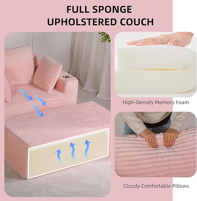 54"W Oversized Chaise Lounge Chair Indoor, Boneless Chaise Lounge Couch, Convertible Comfy Reading Chairs, Compression Sofa with Ottoman, Corduroy Sleeper Couch Chair for Living Room, Pink
