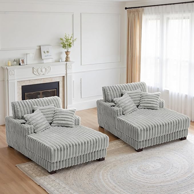 UIXE Chaise Lounge Chair Indoor, Oversized Sleeper Chair with 2 Cup Holders, Faux Fur Upholstered Sofa Bed Comfy Recliner Solid Wood Frame Reading Seat for Living Room, Bedroom - Light Gray