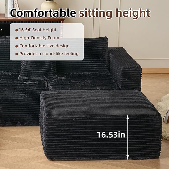 110" Modular Sectional Couch with 2 Movable Ottoman, Cloud Sofa Couches for Living Room, U Shaped Deep Seat Boneless Sofa,Luxury Corduroy Fabric, No Assembly Required