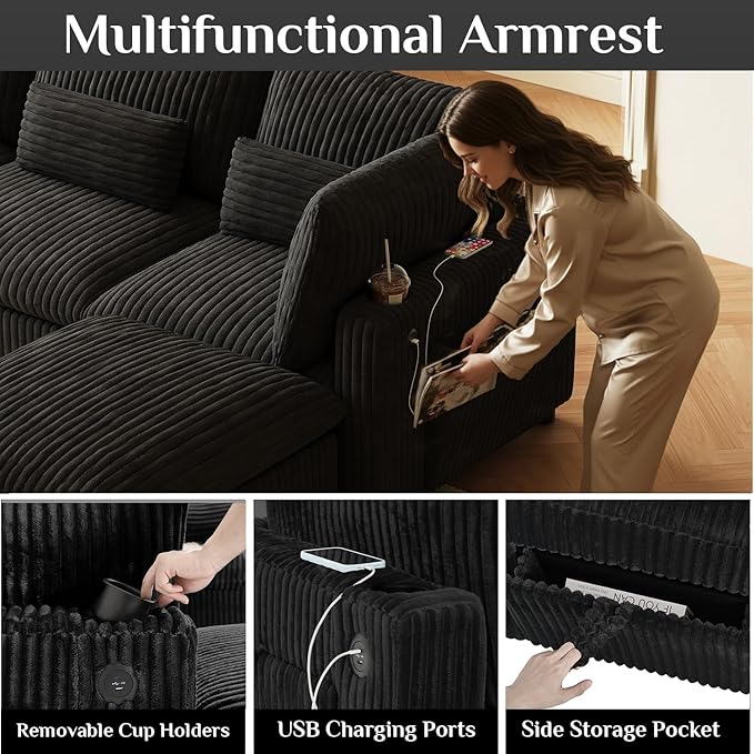 130" W x 67" D U Shape Sectional Sofa with USB Charging & Cup Holder & Storage, 6 Seater Plush Corduroy Couches with Movable Ottoman, Cloud Couch Sofas for Living Room, DIY Combination - Black