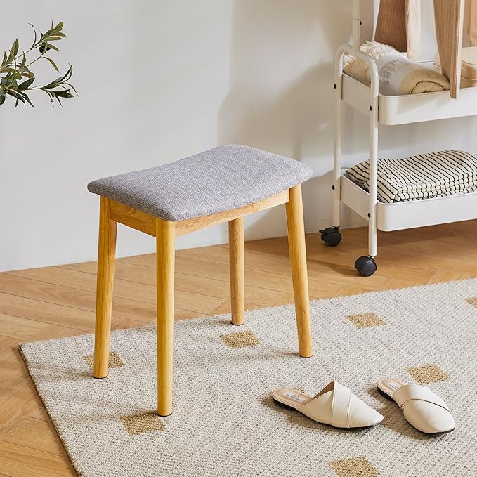 IBUYKE Saddle Cushion Vanity Stool Chair, Foot Rest Stool with Solid Wood Legs, Modern Vanity Bench Ottoman for Piano, Upholstered Seat for Bedroom, Entryway, Wooden Legs&Light Gray WBD007NG