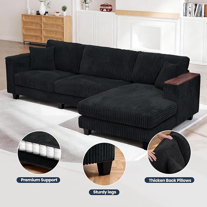 FurniMix 4-Seat Corduroy Sectional Sofa with Swappable Chaise, Soft Upholstery, Wide Seats & Armrest Storage,Black