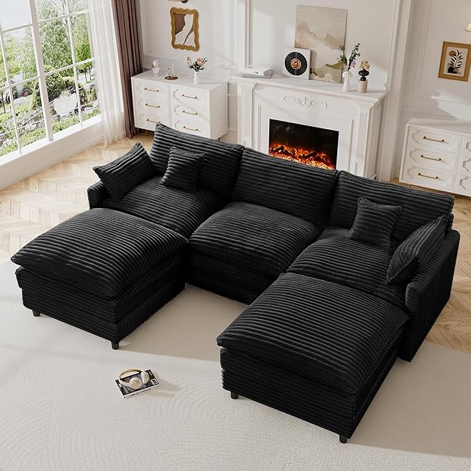 HYJT-H&K 108" U Shaped Cloud Couch Modular Black Sectional Couches for Living Room, Comfy Fluffy Corduroy Oversized Cloud Sectional Couch Large 5 Seat Sectionals Sofa Set, Black