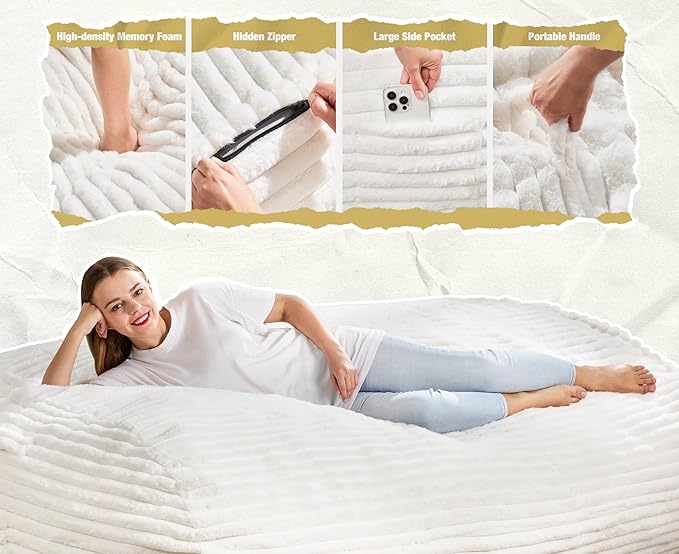 Hobestluk 6FT Bean Bag Chairs Adult Bean Bag with Portable Handle Comfy Large Bean Bag Lounge Chair with Removable Cover for Living Room Bedroom (Stripe White, 6FT)