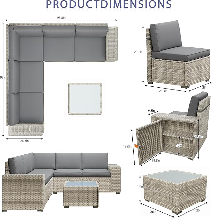 Broivira 12 Piece Patio Furniture Set, 9.8" Wide Arm Sectional Sofa with Storage Armrests, All-Weather Rattan Outdoor Conversation Set for Garden, Porch, Lawn, Backyard, Balcony, Grey