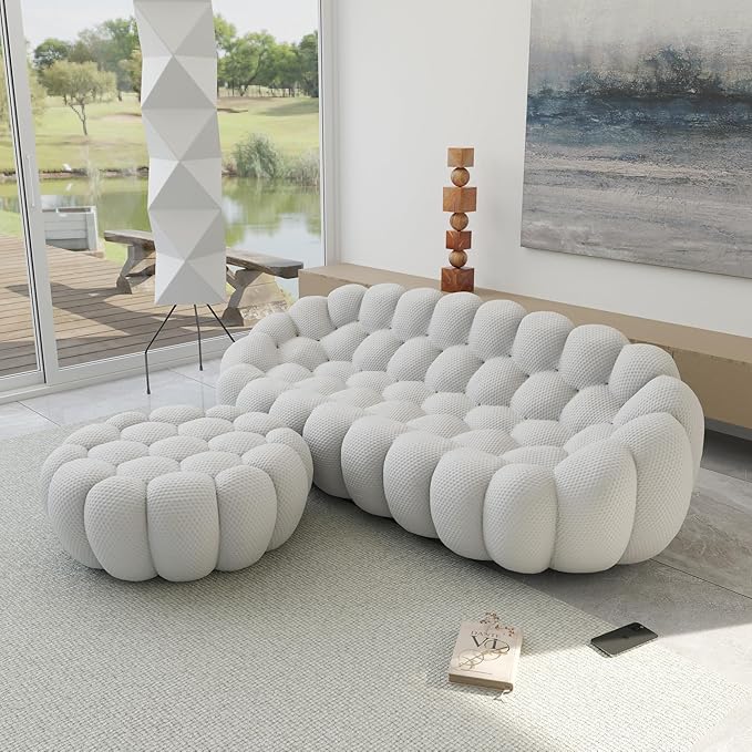JACH Bubble Sofa with Ottoman, Curved Couch, Comfy Upholstered Sofa, Mesh Fabric 3D Honeycomb Shape Modern Couch for Living Room, Office, Apartment, Small Space (Light Grey)