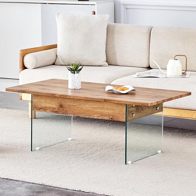 HanStrong 43.3" Lift-Top Coffee Table with Storage,Marble & Tempered Glass Space-Saving for Living Room,Office,Natural