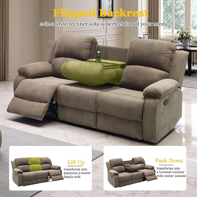 A Ainehome Manual Recliner Sofa Set with Storage, 3 Pieces Living Room Furniture Sets, Corduroy Sofa Sets Reclining Couch Loveseat and Chair Furniture Set for Living Room/Rv/House/Office, Taupe