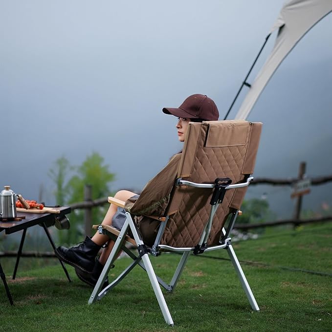 Aluminum Reclining Camping Chair, Heavy Duty Folding Lawn Chairs with 4-Stage Adjustable High Back for Adults, Compact Foldable Outdoor Patio Reclining Chair (Khaki, 1 Pack)