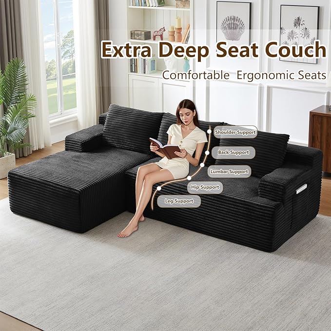 96.1" Modular Sectional Sofa Couches L-Shape Couch 3 Seat Modular Sofa Corduroy Memory Foam Sectional Boneless Couches for Living Room, Cloud Couch with Oversized Chaise(Black, Left Facing)