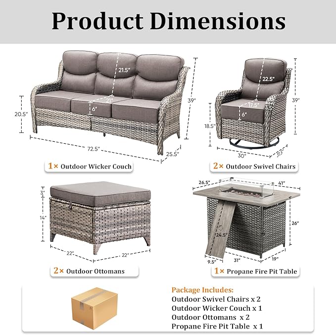 Pugire Luxury Patio Furniture Set with 42.5" Fire Pit Table, 6 Pieces High Back All Weather Wicker Outdoor Furniture w/ 6-Inch Thick Cushions, Patio Swivel Chairs Couch for Deck Balcony Backyard Grey