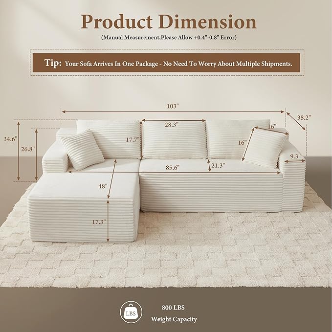 105" Sectional Couches for Living Room Cloud Couch Sofa with L-Shape Upholstered Boneless Couchs Modern Modular Sectional Couch with Chaise (White, 105" W+Left Facing Chaise+2Seaters)