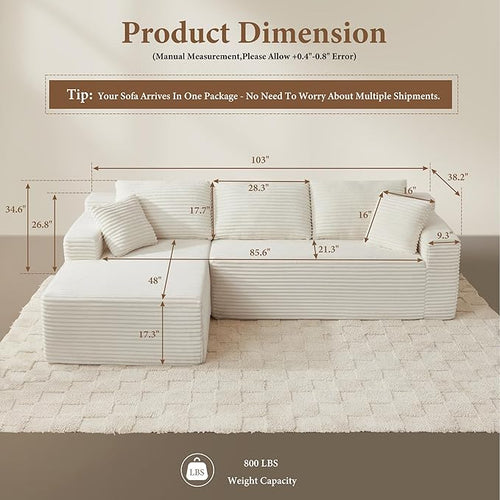 105" Sectional Couches for Living Room Cloud Couch Sofa with L-Shape Upholstered Boneless Couchs Modern Modular Sectional Couch with Chaise (White, 105" W+Left Facing Chaise+2Seaters)