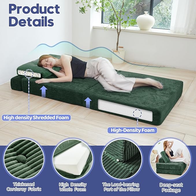 Upgraded Foldable Lazy Sofa Bed,Sofa Cama Barato Featuring a Large Backrest and Pillows,Chair Sleeper Bed for Living Room、 Bedroom 、Balcony 、Hotel、 Apartment,Twin Size,Emerald Green